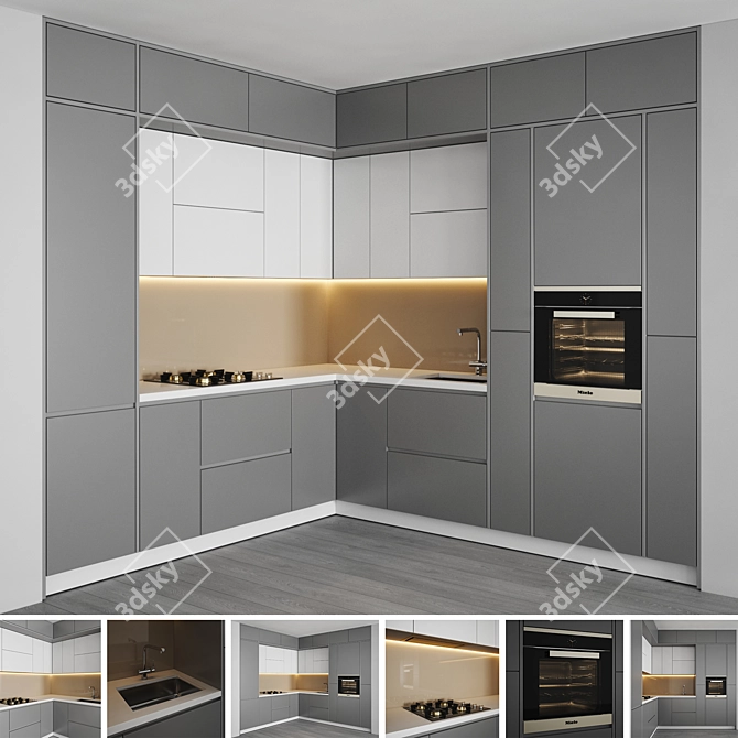 Sleek Kitchen Set: Gas Hob, Sink, Oven & Hood 3D model image 1