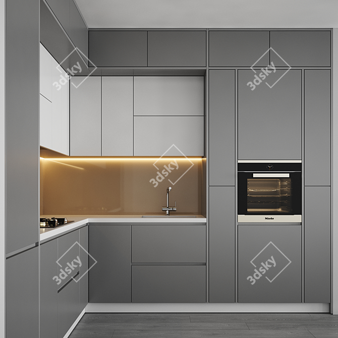 Sleek Kitchen Set: Gas Hob, Sink, Oven & Hood 3D model image 2