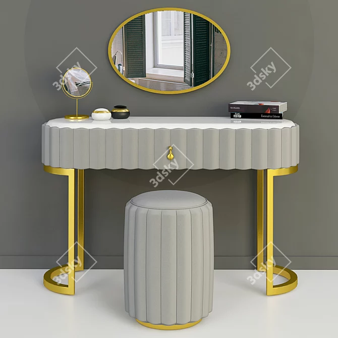 Glam Vanity Set: Drawer Mirror & Leather Stool 3D model image 1