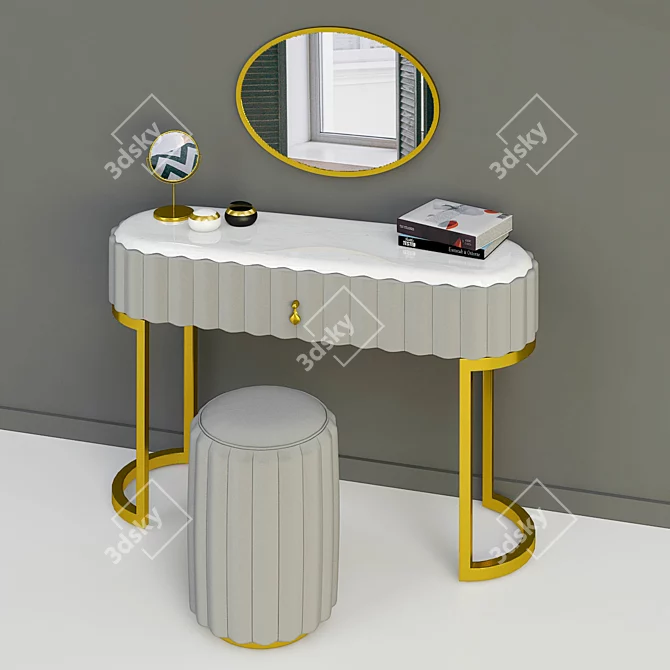 Glam Vanity Set: Drawer Mirror & Leather Stool 3D model image 2