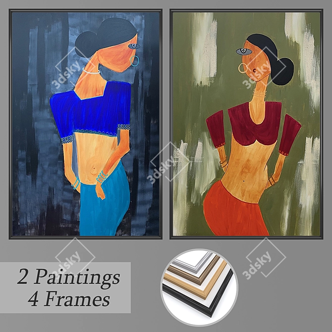 Unique Set of Wall Paintings with Frames 3D model image 1