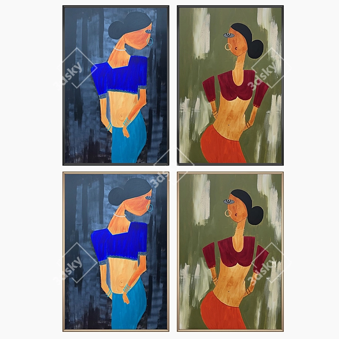 Unique Set of Wall Paintings with Frames 3D model image 2