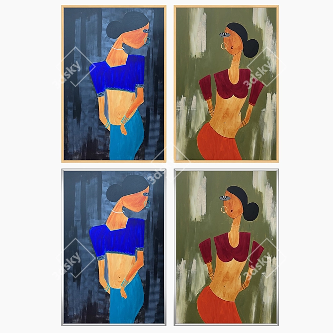 Unique Set of Wall Paintings with Frames 3D model image 3
