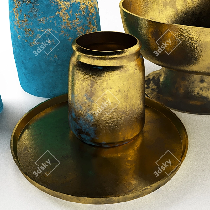 Golden Treasure Decor Set: Vases, Bowl & Tray 3D model image 3