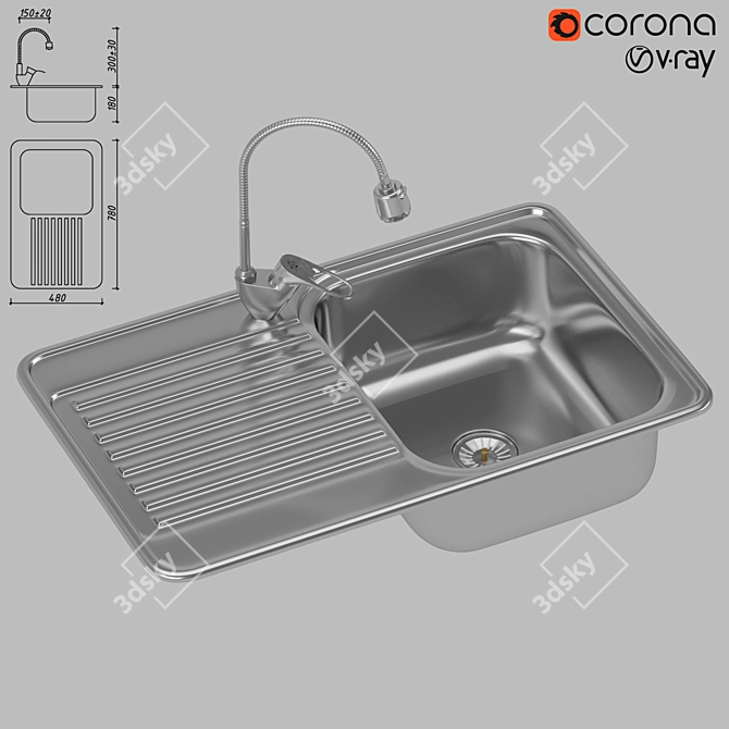 Modern Single Bowl Sink 3D model image 1