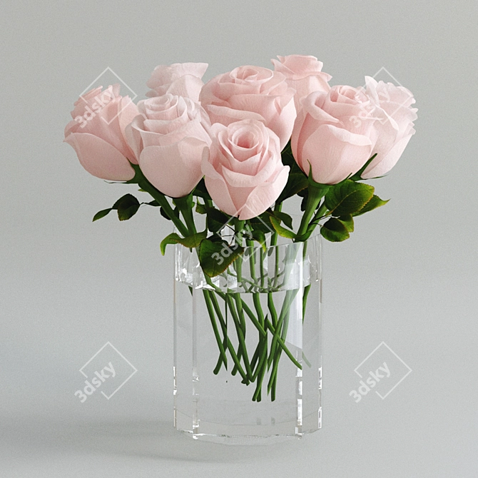 Pink Rose Bouquet in Cut Glass Vase 3D model image 1