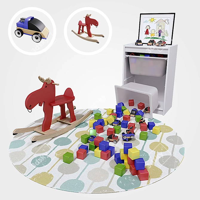 Children's Room Set: Toy Storage, Colorful Cubes, Cars, Rocking Moose, Round Rug & Framed Art 3D model image 1