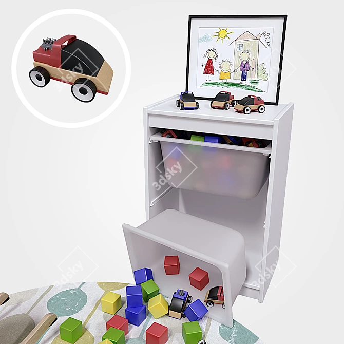 Children's Room Set: Toy Storage, Colorful Cubes, Cars, Rocking Moose, Round Rug & Framed Art 3D model image 3