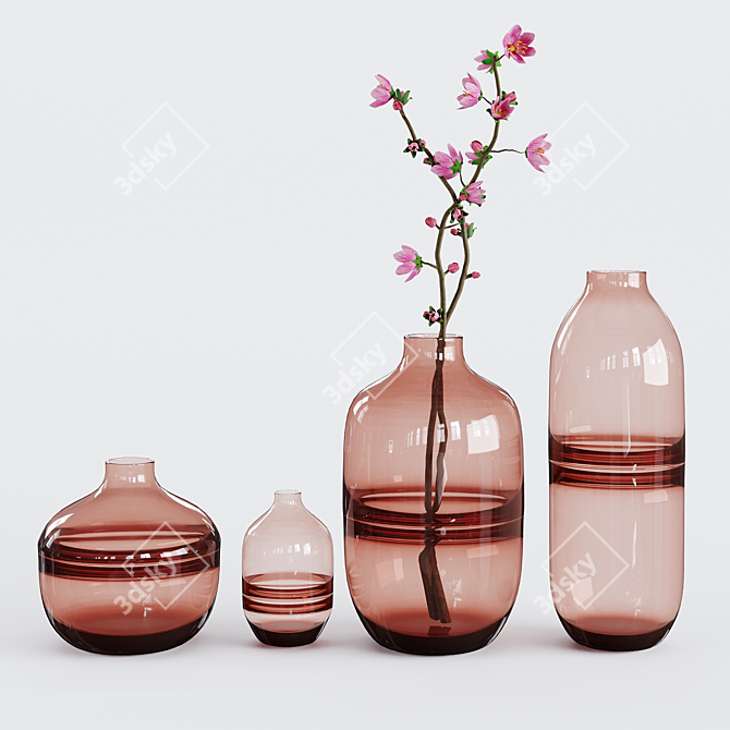 Elegant Glass Vases with Blossoms 3D model image 1