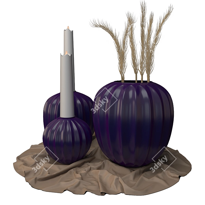 Elegant Vase Trio with Pampass Plant 3D model image 2