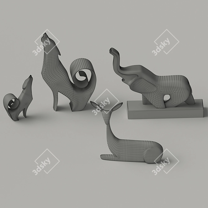 Wooden Animal Figurines - Elephant, Fox, Deer 3D model image 2