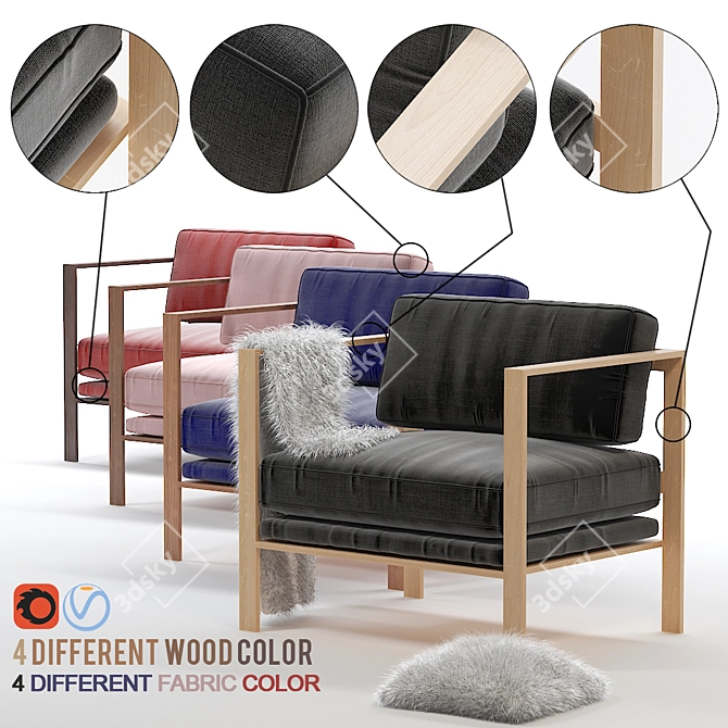 Modern Fabric & Wood Armchair - 4 Colors 3D model image 1