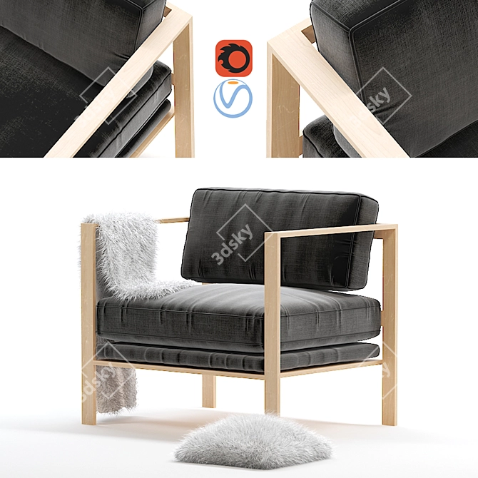 Modern Fabric & Wood Armchair - 4 Colors 3D model image 2