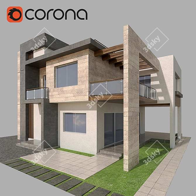 Contemporary Villa with Stone & Concrete 3D model image 5
