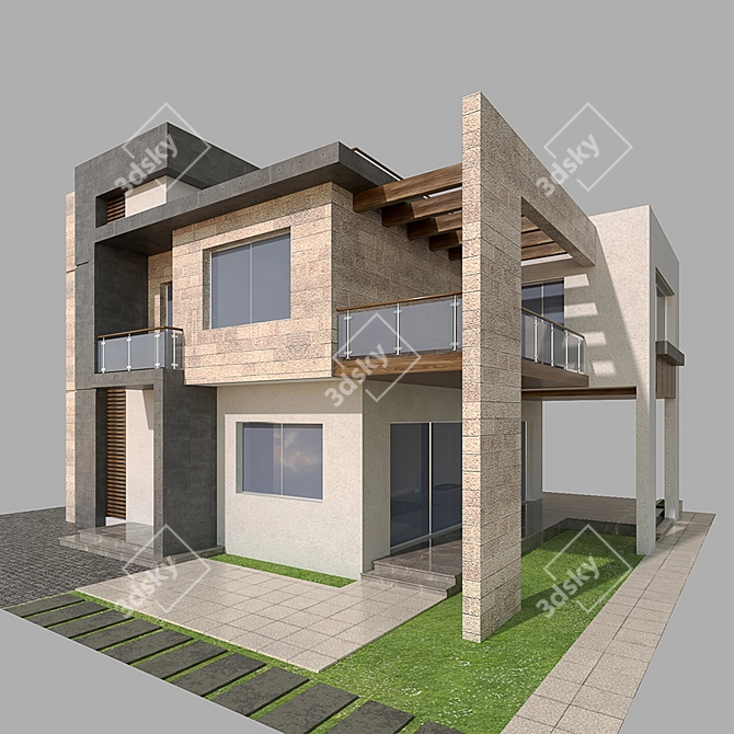 Contemporary Villa with Stone & Concrete 3D model image 11