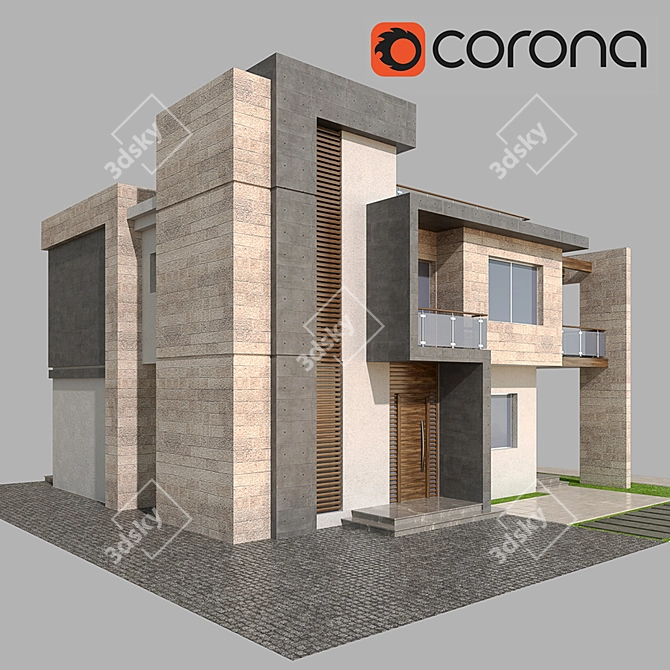 Contemporary Villa with Stone & Concrete 3D model image 12