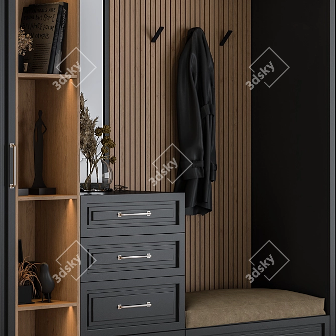Elegant Black and Wood Hallway Set 3D model image 3
