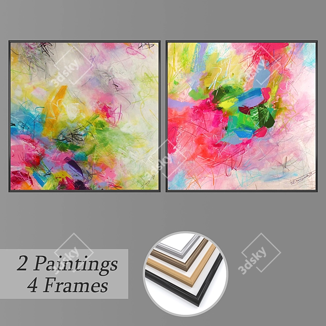 Artistic Wall Paintings Set with Frames 3D model image 1