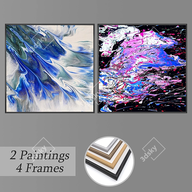 Modern Art Set: 2 Paintings with 4 Frame Options 3D model image 1