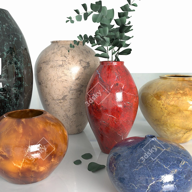 Sleek Marble Vases with Eucalyptus Branches 3D model image 2