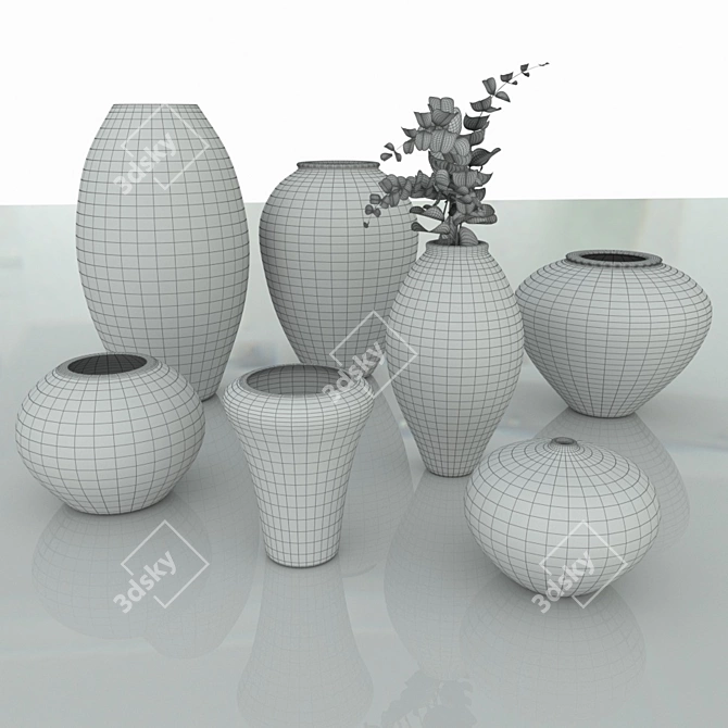 Sleek Marble Vases with Eucalyptus Branches 3D model image 4