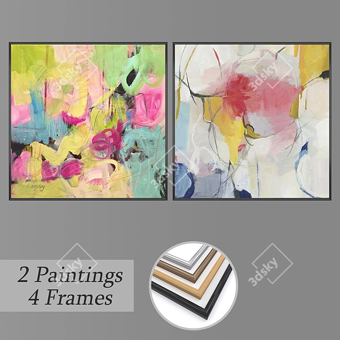 Set of Wall Paintings with 2 Artworks and 4 Frame Options 3D model image 1