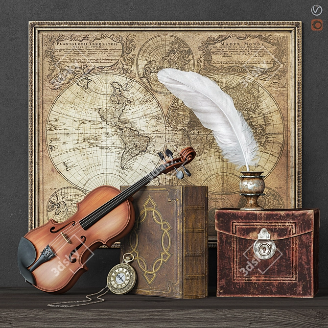 Classic Decorative Set: Violin, Pocket Watch, Inkwell 3D model image 1