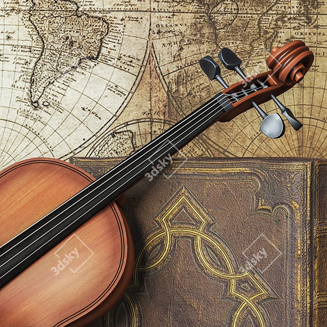 Classic Decorative Set: Violin, Pocket Watch, Inkwell 3D model image 4