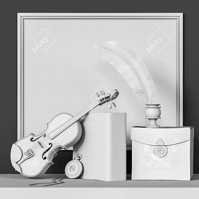 Classic Decorative Set: Violin, Pocket Watch, Inkwell 3D model image 5