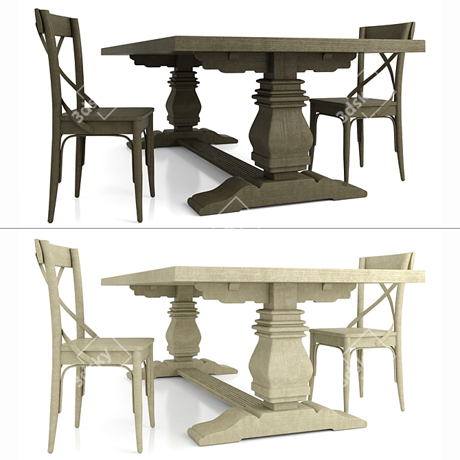 Rustic Wood Dining Table - Dark & Light Wood, Chairs Included 3D model image 2