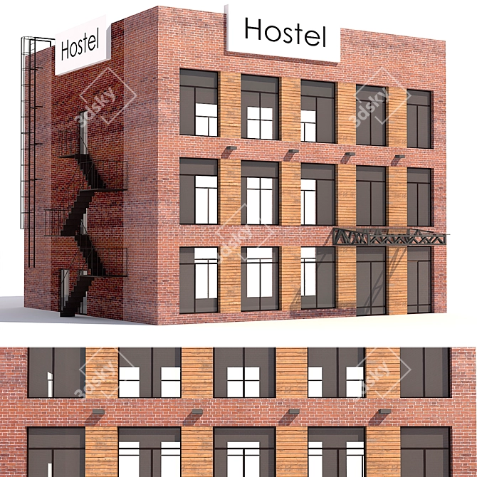 Brick Hotel with Outdoor Staircase 3D model image 1