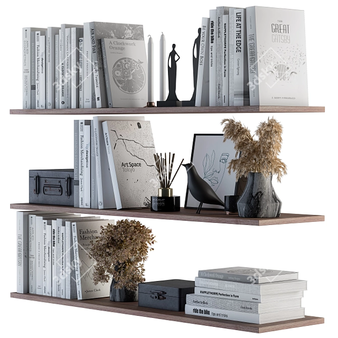 Elegant Shelf Decor: White Book & Dried Plants 3D model image 1