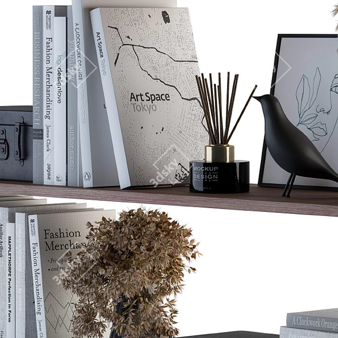 Elegant Shelf Decor: White Book & Dried Plants 3D model image 2