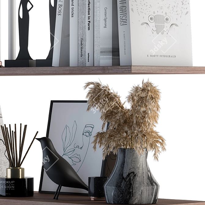 Elegant Shelf Decor: White Book & Dried Plants 3D model image 3
