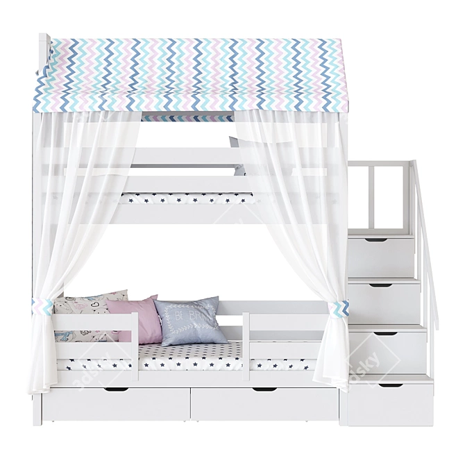 Madrid Kids 2-Tier Bed House with Ladder 3D model image 2