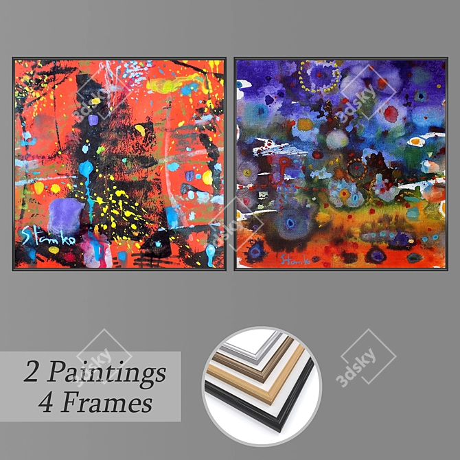 Artful Collection: 2 Paintings & 4 Frame Options 3D model image 1