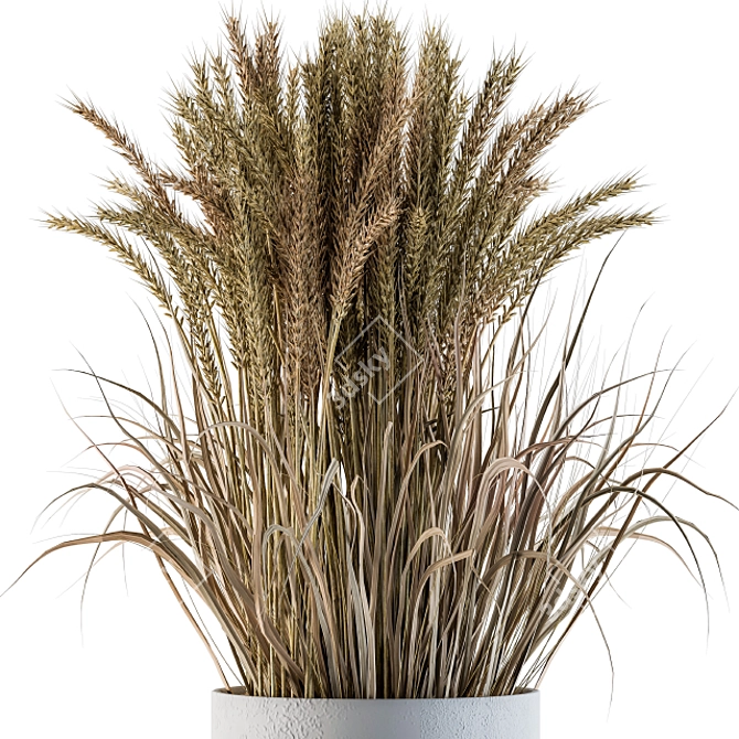 Concrete Round Pot with Wheat & Wild Grass 3D model image 2