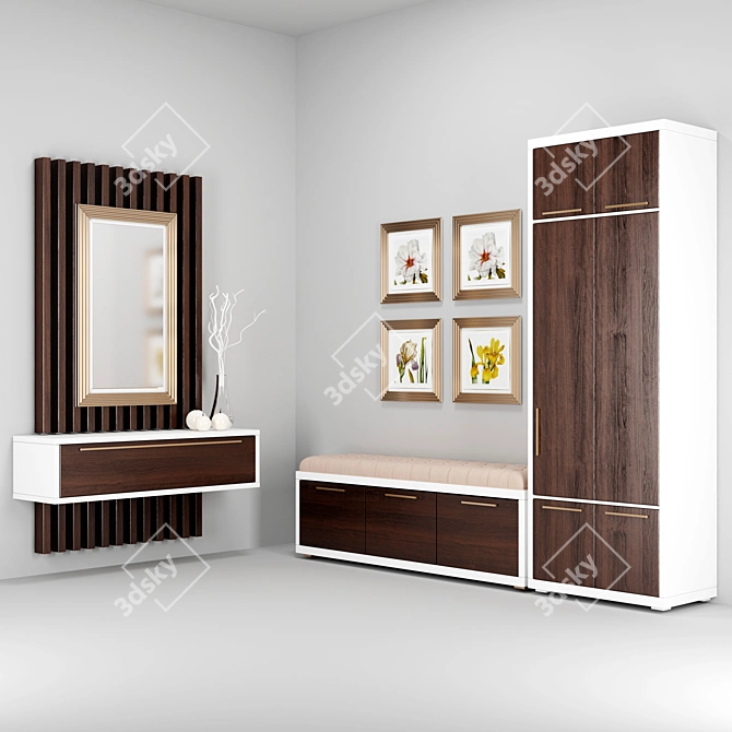 Custom-made Hallway Set: Wardrobe with Shoe Cabinet + Mirror 3D model image 1