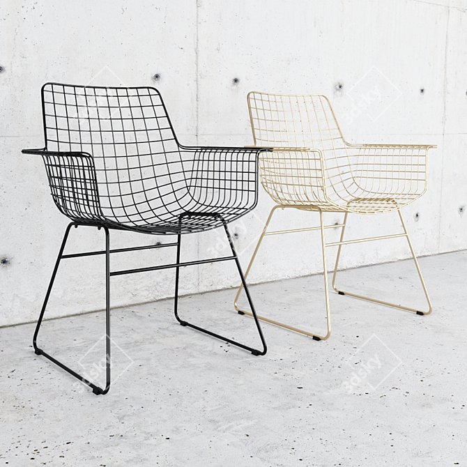 Sleek Wire Armchair: Black & Brass 3D model image 2