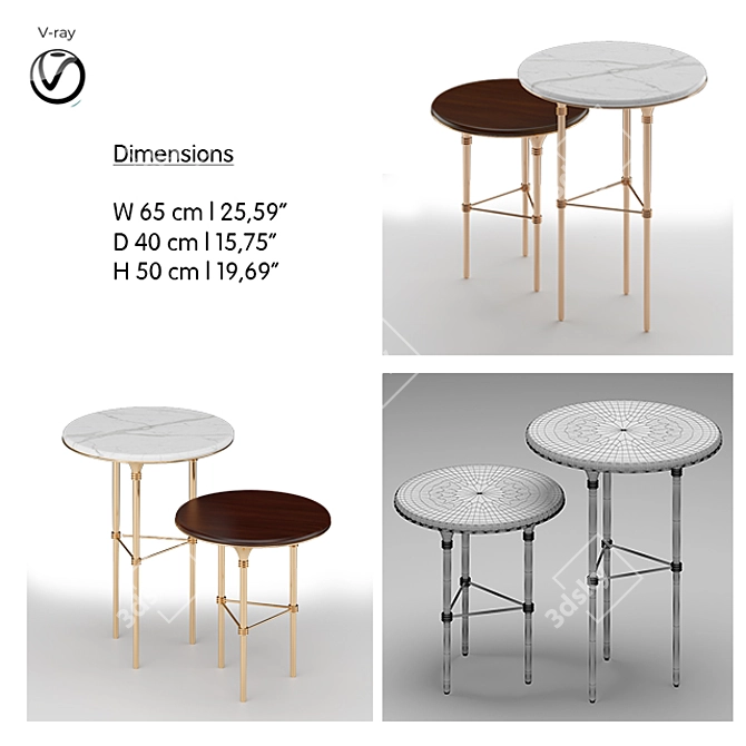 Elegant Eva Side Table - Walnut, Marble & Gold 3D model image 4