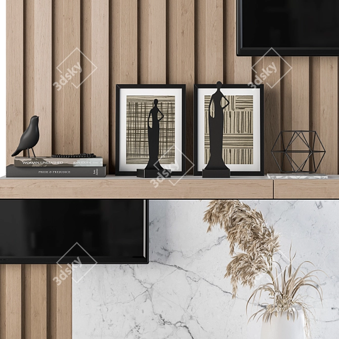 Elegant Wood & Marble TV Wall Set 3D model image 2