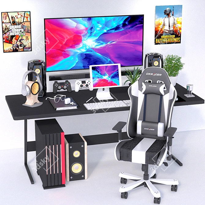 Ultimate Gaming Setup: Chair, PC Case, Speakers, Headphones | 860k Polygons 3D model image 2