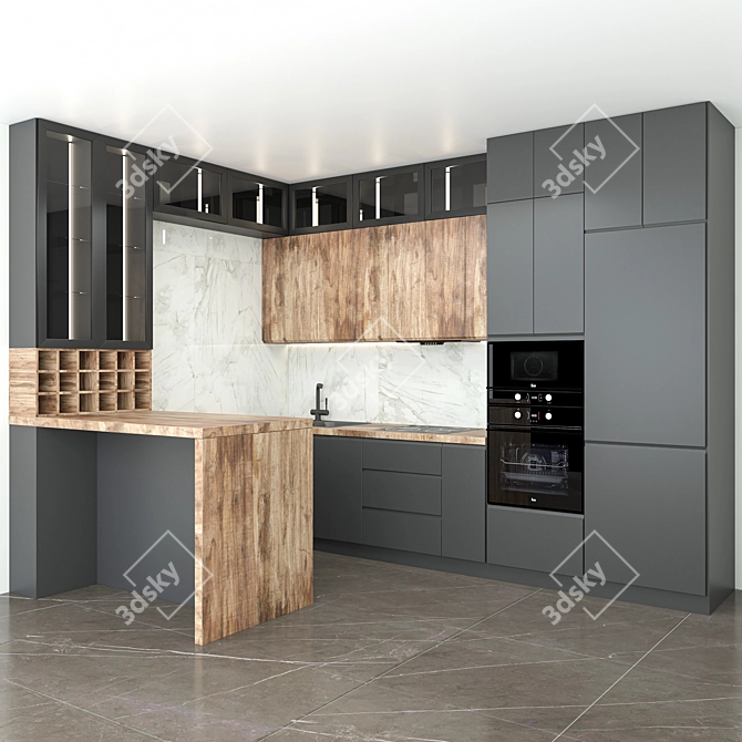 Modern P-shaped Kitchen with Bar Counter 3D model image 1