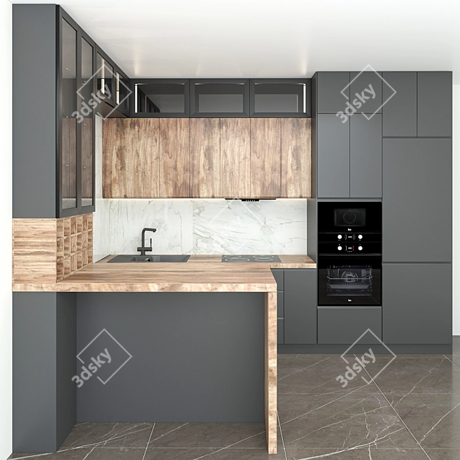 Modern P-shaped Kitchen with Bar Counter 3D model image 2