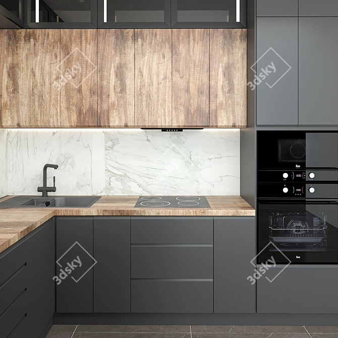 Modern P-shaped Kitchen with Bar Counter 3D model image 3