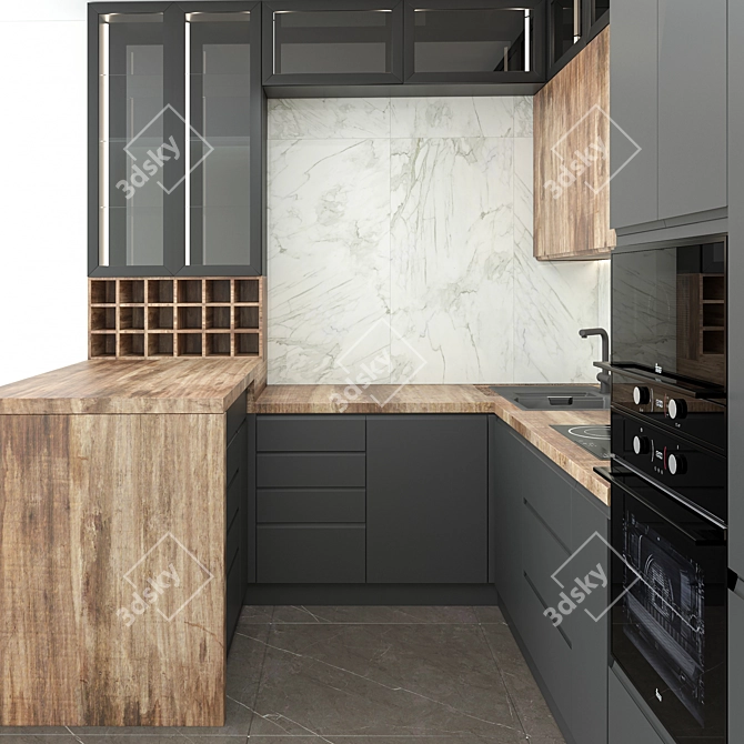 Modern P-shaped Kitchen with Bar Counter 3D model image 4