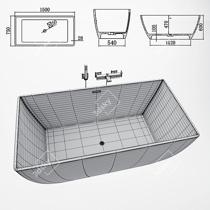 Elegant Black and White Bathtub 3D model image 5