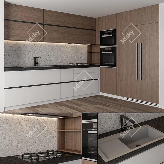 Sleek Black & Wood 28: Modern Kitchen 3D model image 1