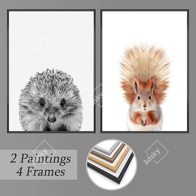 Artistic Set: 2 Wall Paintings & 4 Frame Options 3D model image 1