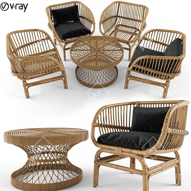 Natural Rattan Lounge Chair & Coffee Table Set 3D model image 1